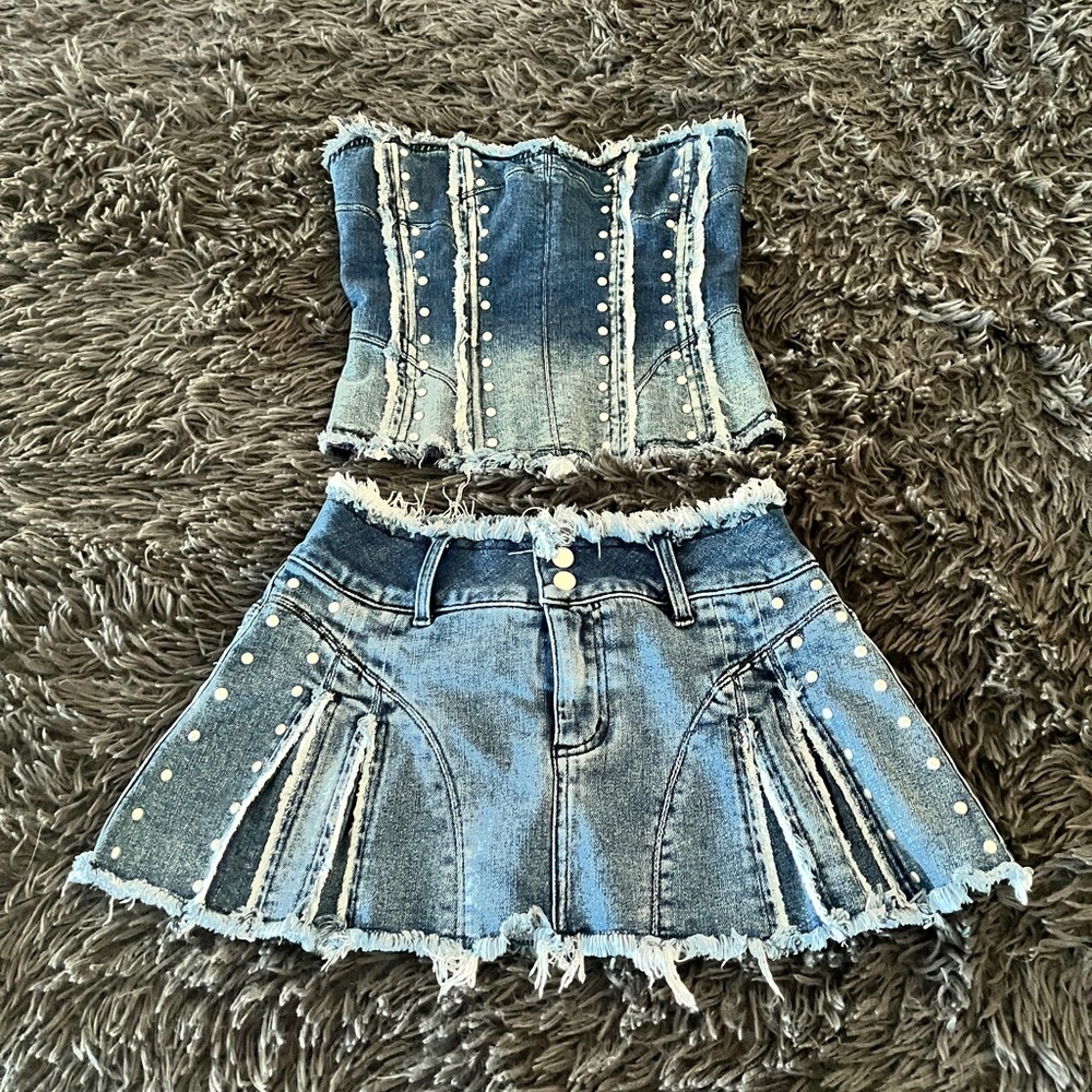 Outcast Bentley Denim Corset Top and Mini Skirt Set